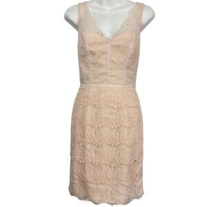 Monique Lhuillier Womens Blush Chantilly Lace Illusion Neck Cocktail Dress sz 2